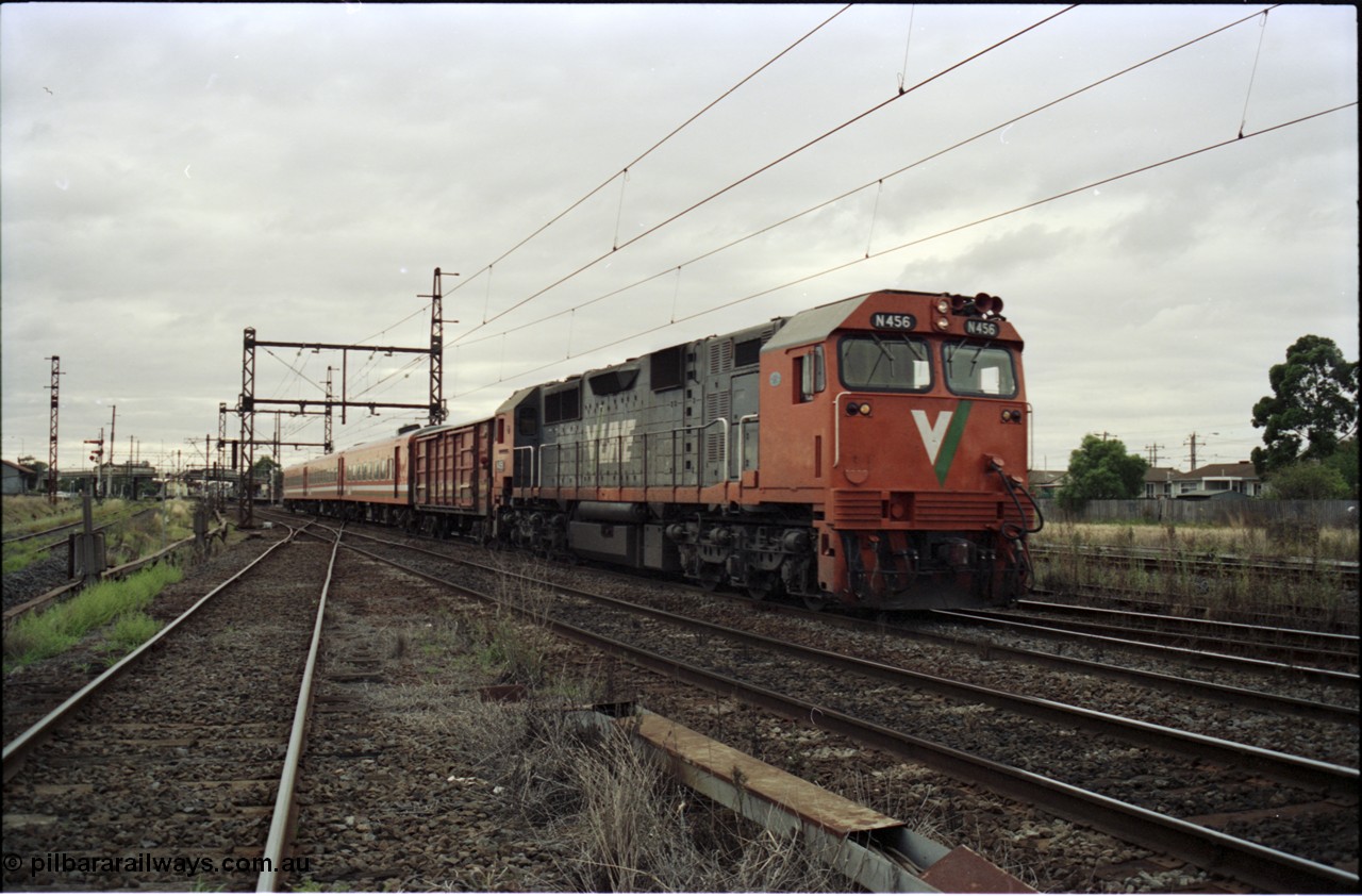 123-2-16
Sunshine broad gauge up passenger train with V/Line N class loco N 456 'City of Colac' with serial 85-1224 a Clyde Engineering Somerton Victoria built EMD model JT22HC-2 with D vans and N set.
Keywords: N-class;N456;Clyde-Engineering-Somerton-Victoria;EMD;JT22HC-2;85-1224;
