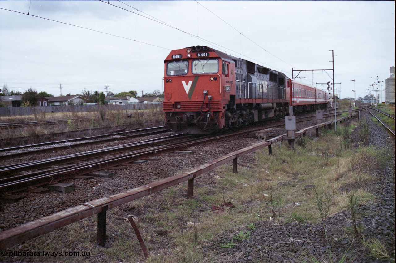 123-2-17
Sunshine V/Line broad gauge down passenger train with N class N 461 'City of Ararat' Clyde Engineering EMD model JT22HC-2 serial 86-1190 and N set.
Keywords: N-class;N461;Clyde-Engineering-Somerton-Victoria;EMD;JT22HC-2;86-1190;