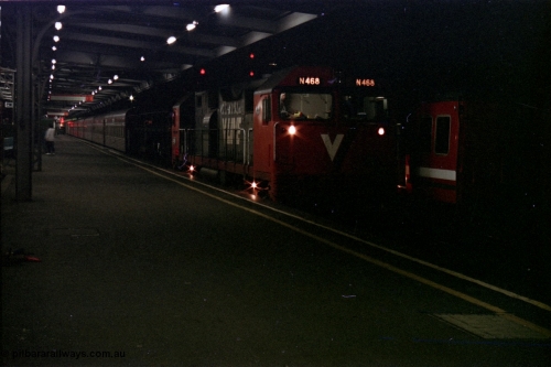 123-2-33
Spencer Street Station Platform 2, V/Line broad gauge N class N 468 'City of Bairnsdale' a Clyde Engineering EMD model JT22HC-2 serial 86-1197 on the head of the west bound down Overland passenger service to Adelaide, night shot.
Keywords: N-class;N468;Clyde-Engineering-Somerton-Victoria;EMD;JT22HC-2;86-1197;