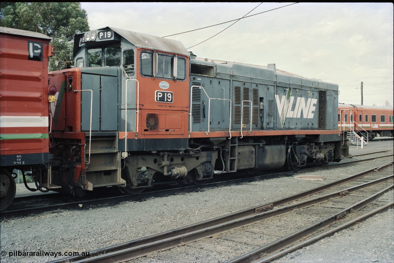 125-08
Seymour loco depot, V/Line broad gauge P class P 19 Clyde Engineering EMD model G18HBR serial 84-1212 rebuilt from T 331 Clyde Engineering EMD model G8B serial 56-98.
Keywords: P-class;P19;Clyde-Engineering-Somerton-Victoria;EMD;G18HBR;84-1212;rebuild;