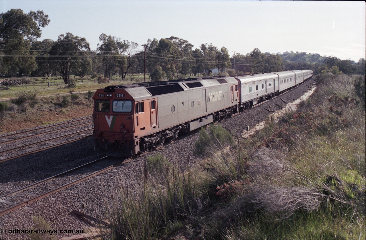 126-17
Broadford, near Smith's Lane, up standard gauge pass Melbourne Express, V/Line G class G 518 Clyde Engineering EMD model JT26C-2SS serial 85-1231, reversing to Broadford Loop, loco failure.
Keywords: G-class;G518;Clyde-Engineering-Rosewater-SA;EMD;JT26C-2SS;85-1231;