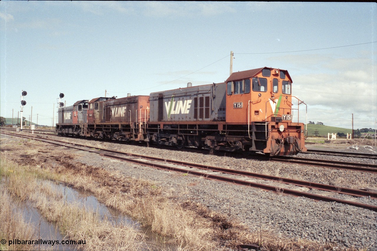 126-28
Wallan Loop, standard gauge rescue locos on the loop, V/Line Clyde Engineering EMD G6B model Y classes Y 151 serial 67-571 and Y 102 serial 63-292 and G18B T class T 411 serial 68-627, waiting to return to Melbourne.
Keywords: Y-class;Y151;Clyde-Engineering-Granville-NSW;EMD;G6B;67-571;