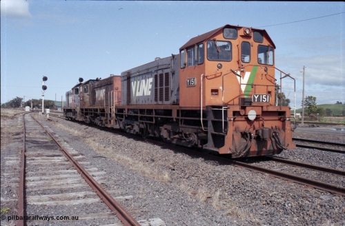126-32
Wallan Loop, standard gauge rescue locos on the loop, V/Line Clyde Engineering EMD G6B model Y classes Y 151 serial 67-571 and Y 102 serial 63-292 and G18B T class T 411 serial 68-627, waiting to return to Melbourne.
Keywords: Y-class;Y151;Clyde-Engineering-Granville-NSW;EMD;G6B;67-571;