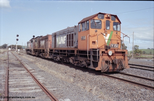 126-33
Wallan Loop, standard gauge relief light locos on the loop, V/Line Clyde Engineering EMD G6B model Y classes Y 151 serial 67-571 and Y 102 serial 63-292 and G18B T class T 411 serial 68-627, waiting to return to Melbourne.
Keywords: Y-class;Y151;Clyde-Engineering-Granville-NSW;EMD;G6B;67-571;