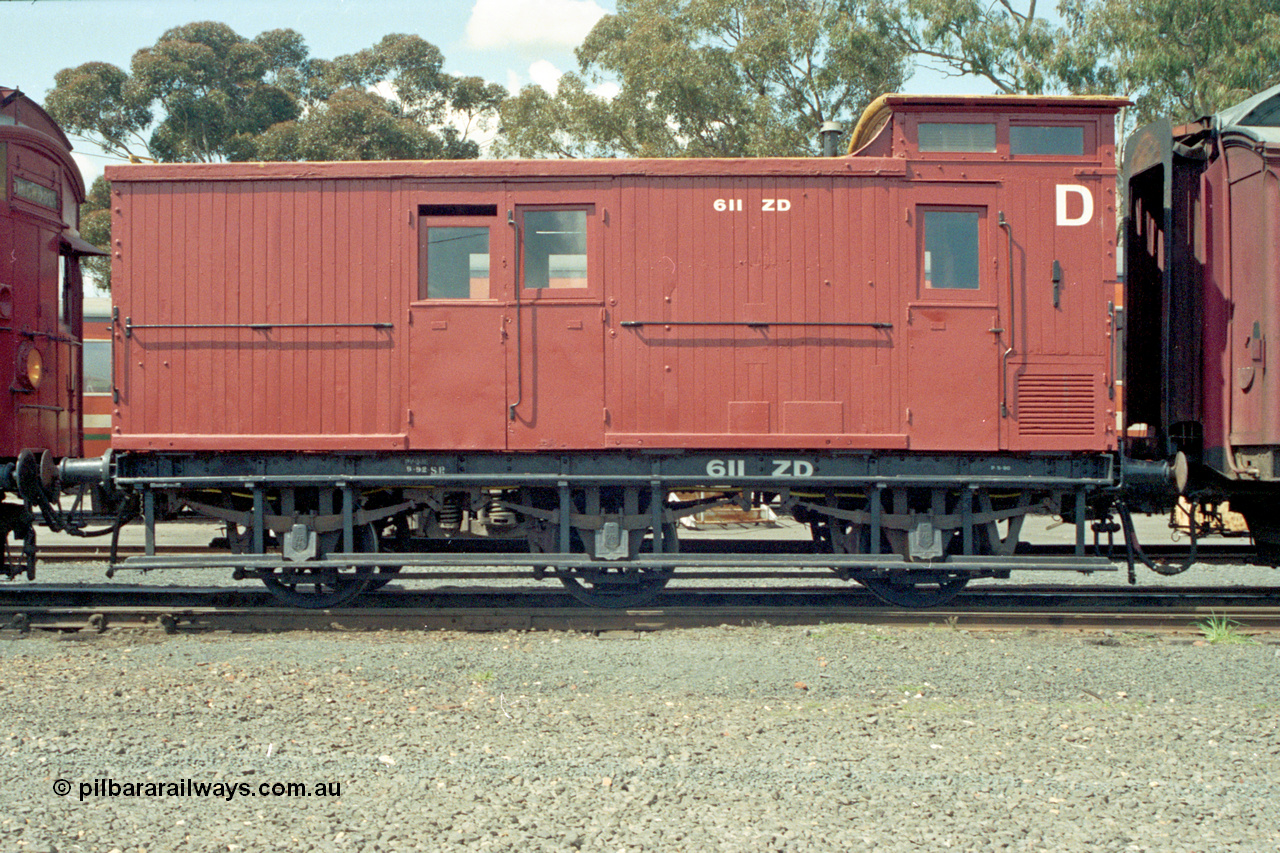 127-03
Seymour loco depot, ex Victorian Railways ZD class six wheel guards van ZD 611, side view.
Keywords: ZD-van;ZD611;fixed-wheel-waggon;