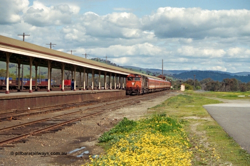 127-05
Albury, broad gauge passenger platform, V/Line N class N 468 'City of Bairnsdale' Clyde Engineering EMD model JT22HC-2 serial 86-1197 arriving with a down empty carriage set to form the afternoon up passenger train, double N set.
Keywords: N-class;N468;Clyde-Engineering-Somerton-Victoria;EMD;JT22HC-2;86-1197;