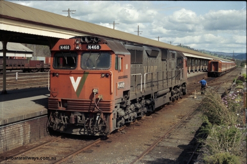 127-08
Albury, broad gauge passenger platform, V/Line N class N 468 'City of Bairnsdale' Clyde Engineering EMD model JT22HC-2 serial 86-1197, double N set, loco running round, crew signalling driver.
Keywords: N-class;N468;Clyde-Engineering-Somerton-Victoria;EMD;JT22HC-2;86-1197;