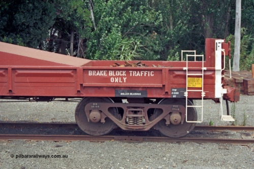 128-01
Ballarat yard, broad gauge V/Line VZBF type bogie brake block transport waggon VZBF 2, a 1990 conversion from what was originally an Victorian Railways BP type steel mail van BP 77 built in 1959 at Newport Workshops as part of a batch of eighty three. It went on to be recoded to BB 222 in December 1960, then BMF 2 in December 1961, BMX 2 in February 1968, recoded to VBAX in 1979, then in 1990 converted to the VZBF along with two other waggons as a group of three. Hand brake end view.
Keywords: VZBF-type;VZBF2;Victorian-Railways-Newport-WS;BP-type;BP77;BB-type;BB222;BMF-type;BMF2;BMX-type;BMX2;VBAX-type;VBAX2;