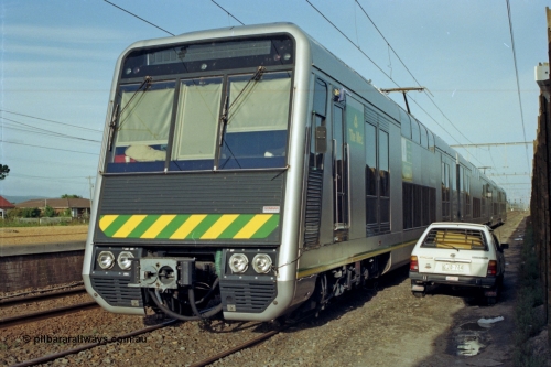 128-33
Nar Nar Goon, 4D (Double Deck Development and Demonstration), double deck suburban electric set, 3/4 shot, security guard car, stabled during testing phase.
Keywords: 4D;Double-Deck-Development-Demonstration-train;Goninan-NSW;Tangara;