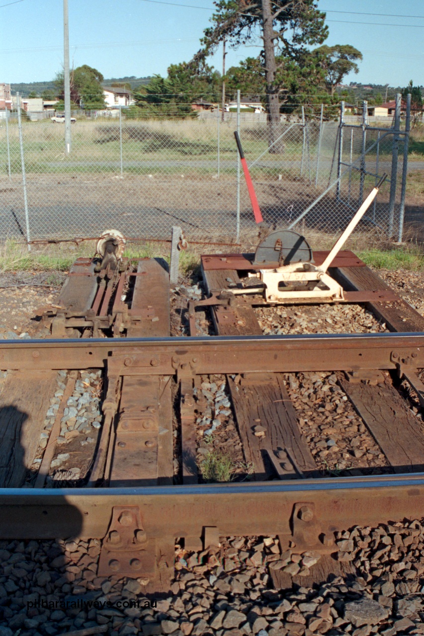 129-1-20
Baxter track view, interlocking, yard points, rodding, point and signal levers, points spiked normal.
