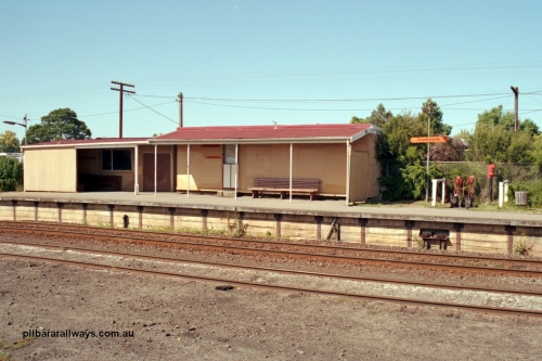 129-1-29
Cranbourne station building overview, and signal bay with signal levers, waiting shelter.

