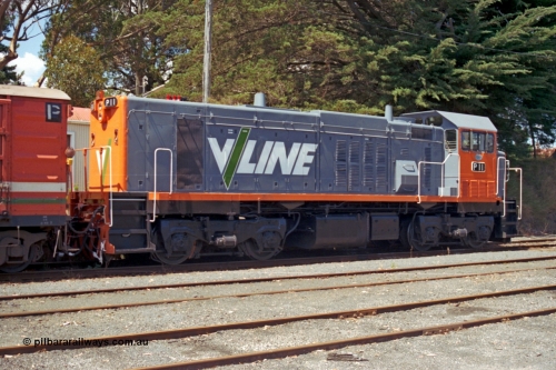 129-2-28
Leongatha V/Line P class P 11 Clyde Engineering EMD model G18HBR serial 84-1205 rebuilt from T 336 Clyde Engineering EMD model G8B serial 56-110, stabled pass.
Keywords: P-class;P11;Clyde-Engineering-Somerton-Victoria;EMD;G18HBR;84-1205;rebuild;