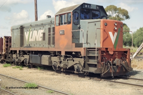 131-1-02
Echuca yard, broad gauge V/Line H class leader H 1 Clyde Engineering EMD model G18B serial 68-629.
Keywords: H-class;H1;Clyde-Engineering-Granville-NSW;EMD;G18B;68-629;
