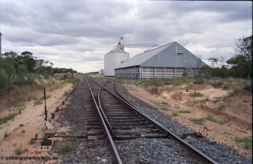 132-31
Kiamal, Victorian Oats Pool shed and Murphy silo complex, yard overview, looking south, point lever, points.
