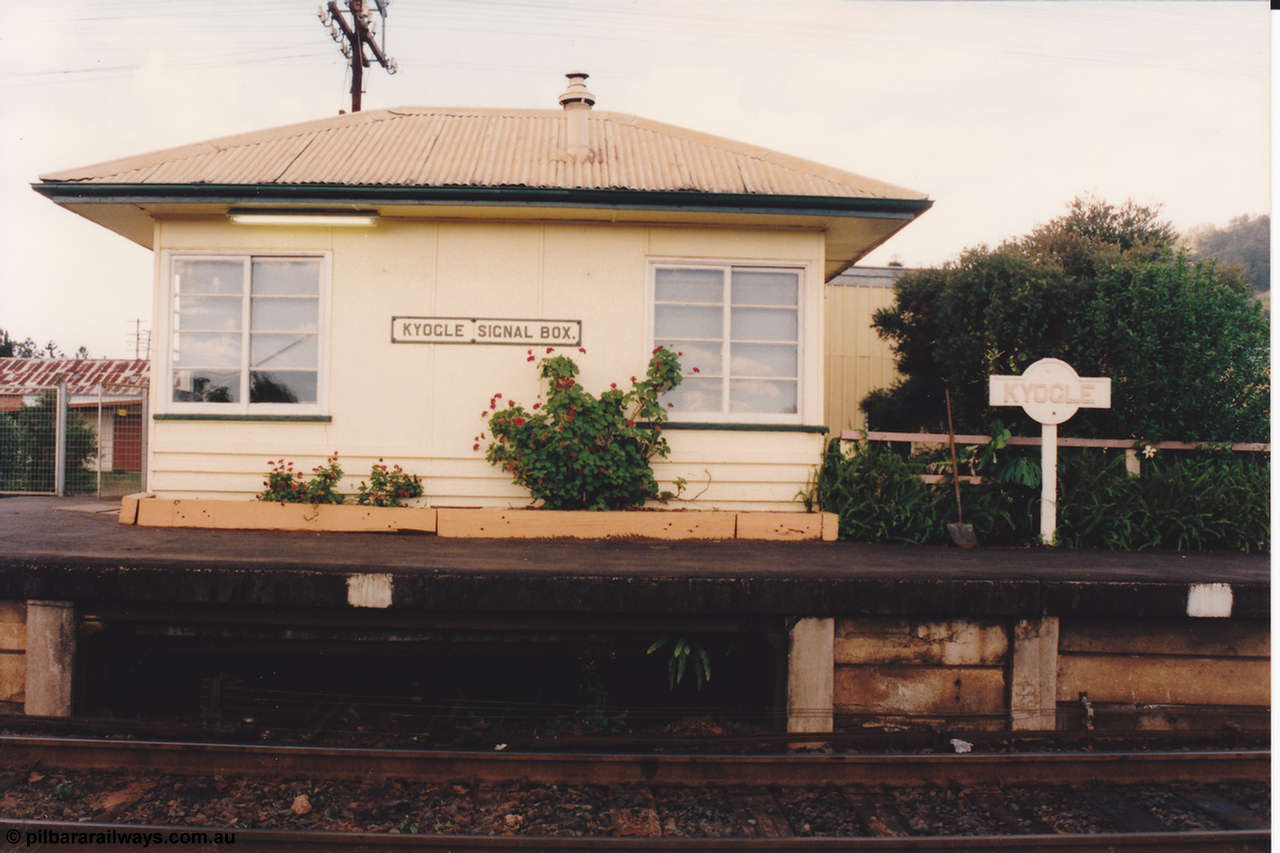 134-20
Kyogle, signal box, track view, platform, station sign.

