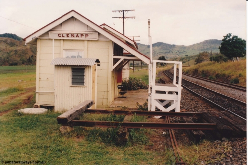 134-26
Glenapp, station overview, WC, station office room, signal box behind this, gangers' trolley pull off track, looking south, taken from platform.
