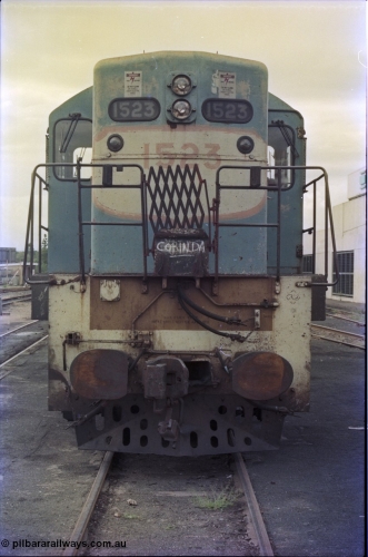 135-01
Ipswich yard, narrow gauge Comeng Qld built (under contract for Clyde Engineering) EMD model GL22C, Queensland Rail's 1502 class unit 1523, in 2005 1523 was rebuilt and now operated by FCAB in Chile as their 1455.
Keywords: 1502-class;1523;Comeng-Qld;EMD;GL22C;68-647;