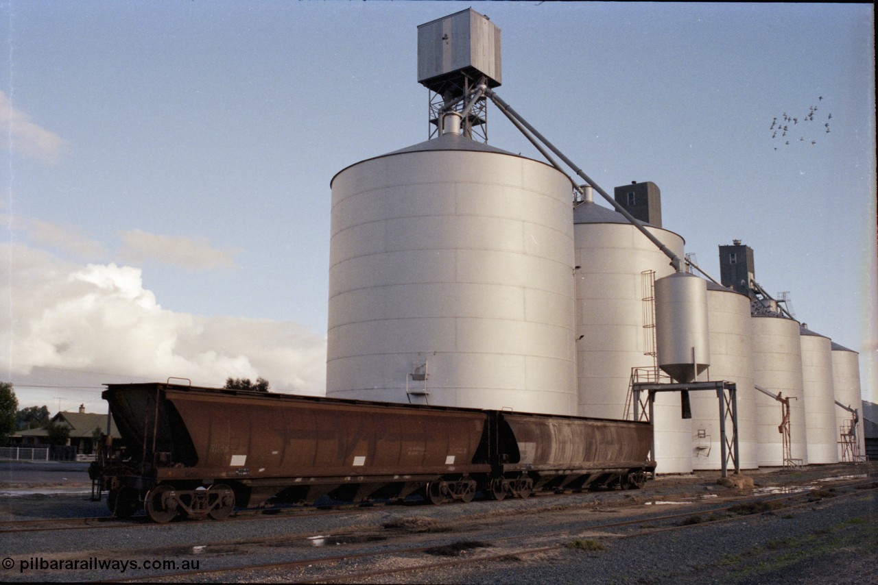136-10
Deniliquin, broad gauge V/Line VHGF and VHGY class bogie grain waggons, both still with the VR arrow livery, Ascom silo complex and loading spout.
