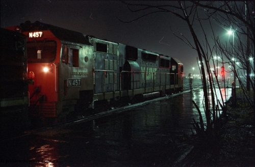 136-31
Seymour station platform view V/Line broad gauge N class N 457 'City of Mildura' Clyde Engineering EMD model JT22HC-2 serial 85-1225 leading the Sunday evening down combined Albury / Cobram pass talks to the signaller at Seymour platform, this train splits at this location with the rear portion continuing to Cobram.
Keywords: N-class;N457;Clyde-Engineering-Somerton-Victoria;EMD;JT22HC-2;85-1225;