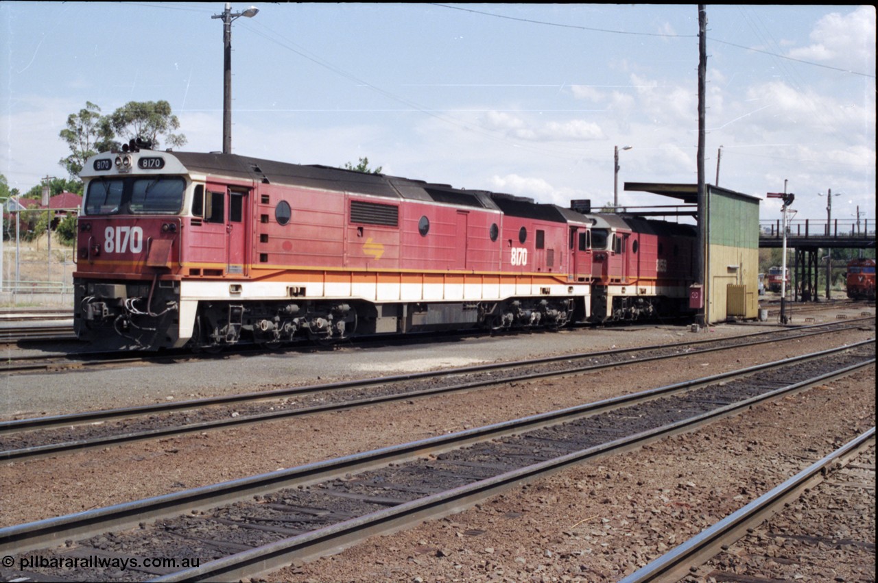 137-1-24
Albury loco depot fuel point, standard gauge NSWSRA 81 class locos 8170 Clyde Engineering EMD model JT26C-2SS serial 85-1089 and 8159 serial 84-1078 receive attention.
Keywords: 81-class;8170;Clyde-Engineering-Kelso-NSW;EMD;JT26C-2SS;85-1089;