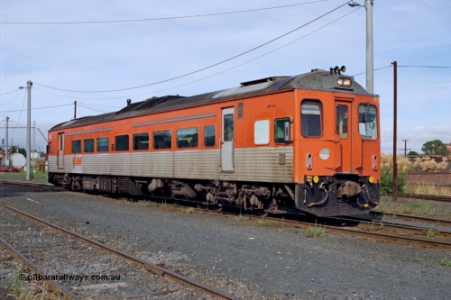 137-1-08
Seymour loco depot fuel point, broad gauge V/Line DRC class diesel rail car DRC 41 built in November 1971 by Tulloch Ltd pulls out of the fuel point after a drink and a wash.
Keywords: DRC-class;DRC41;Tulloch-Ltd-NSW;