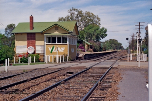 137-1-14
Violet Town station overview, looking south across Cowslip Street crossing, station building, signal box and platform, points to No. 3 Rd at road crossing.
