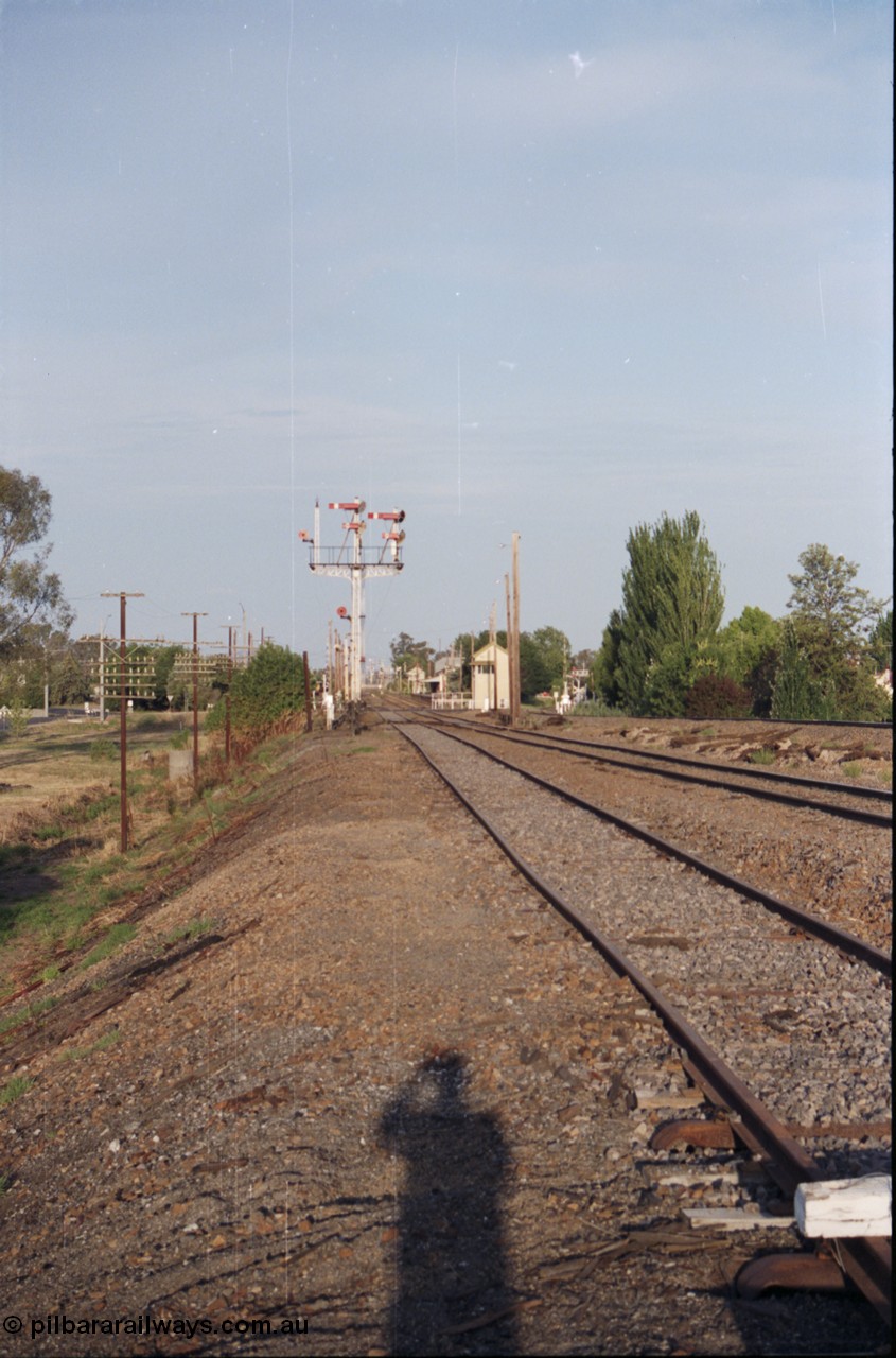 137-2-12
Benalla, looking north from the Melbourne end, Siding A has the baulk on it, then the broad gauge mainline, and on the slightly elevated ground at right is the standard gauge mainline, triple doll signal post 2 is still intact with semaphores and disc, Benalla signal box A is beyond the signal post.
