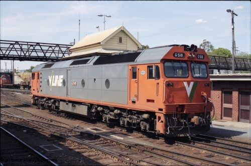 137-2-07
Albury station yard view, V/Line standard gauge G class G 518 Clyde Engineering EMD model JT26C-2SS serial 85-1231 running light engine to loco having bought a goods train up from Melbourne past Albury Station Signal Box, the broad gauge diamond is in the middle of the frame.
Keywords: G-class;G518;Clyde-Engineering-Rosewater-SA;EMD;JT26C-2SS;85-1231;