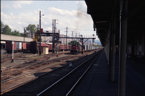 137-2-08
Albury station yard overview, standard gauge NSWSRA candy liveried 48 class 4889 AE Goodwin ALCo model DL531 serial G3420-4 shunts an arrival from Melbourne, the mixed gauge 'trans-shipping yard' is to the left of the louvre vans, and the broad gauge loop is directly to the left of the loco, the track between the two white signal posts is the broad gauge lead to the sidings on the west side of Albury yard.
Keywords: 48-class;4889;AE-Goodwin;ALCo;RSD-8;DL531;G3420-4;