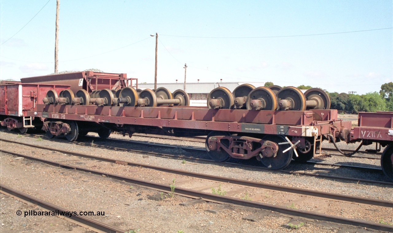 138-07
Bendigo yard, VZWA class bogie wheel set transporting waggon VZWA 7 loaded with wheel sets. Started life built new at Newport Workshops as E class bogie open waggon E 193 in July 1928, converted to S, back to E, then in 1980 converted to VOAA at Bendigo Workshops, then August 1984 converted to HR 7 (2nd) at Bendigo before reclassifying to VZWA.
Keywords: VZWA-type;VZWA7;E-type;E193;VOAA-type;VOZZ193;HD-type;HD7;