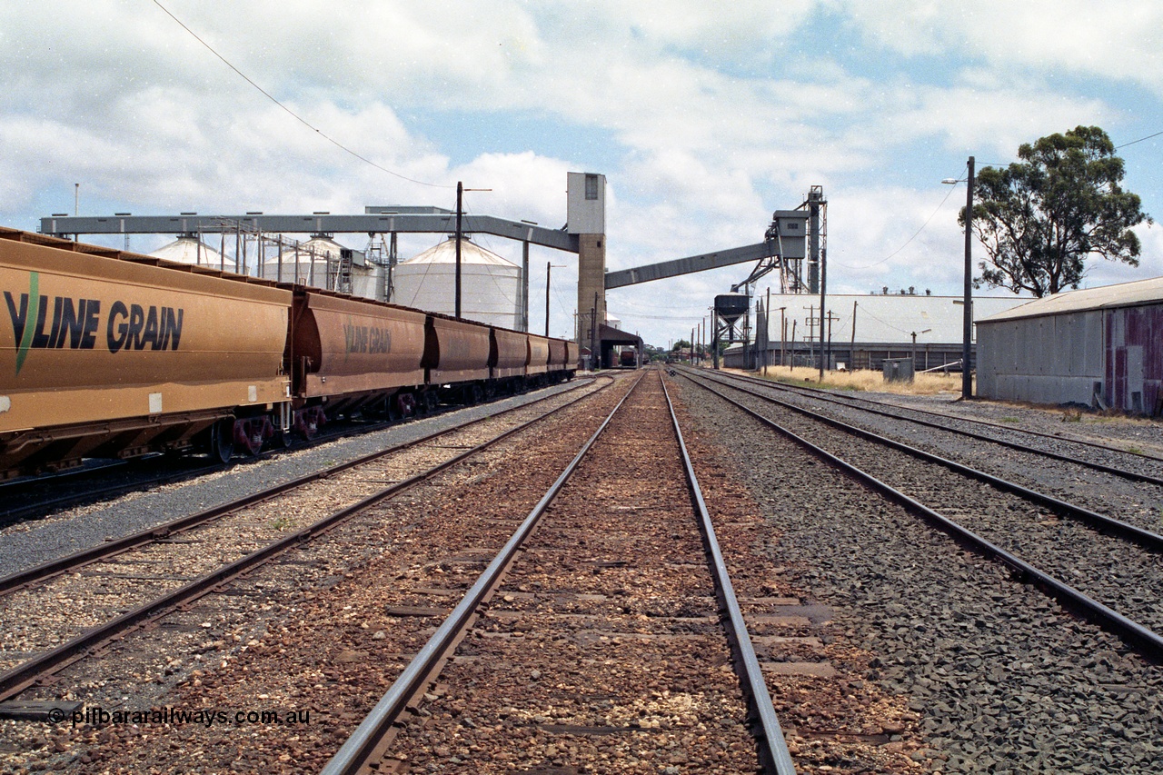 138-21
Dunolly yard overview looking north towards the station from south of the silo complex. V/Line Grain waggons waiting for loading.
