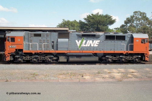 138-13
Bendigo station, side view of V/Line broad gauge N class Loco N 458 'City of Maryborough' Clyde Engineering EMD model JT22HC-2 serial 85-1226.
Keywords: N-class;N458;Clyde-Engineering-Somerton-Victoria;EMD;JT22HC-2;85-1226;