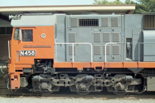 138-15
Bendigo station, cab side view, number board and name plate of V/Line broad gauge N class Loco N 458 'City of Maryborough' Clyde Engineering EMD model JT22HC-2 serial 85-1226.
Keywords: N-class;N458;Clyde-Engineering-Somerton-Victoria;EMD;JT22HC-2;85-1226;