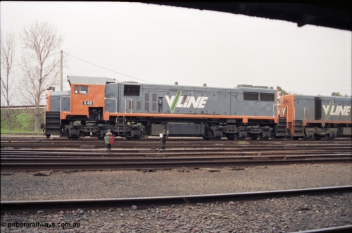 142-1-27
Benalla yard view, stabled broad gauge Wodonga goods train 9303 with V/Line X class X 48 Clyde Engineering EMD model G26C serial 75-795, side view, dwarf disc signal 13 and point indicator.
Keywords: X-class;X48;Clyde-Engineering-Rosewater-SA;EMD;G26C;75-795;