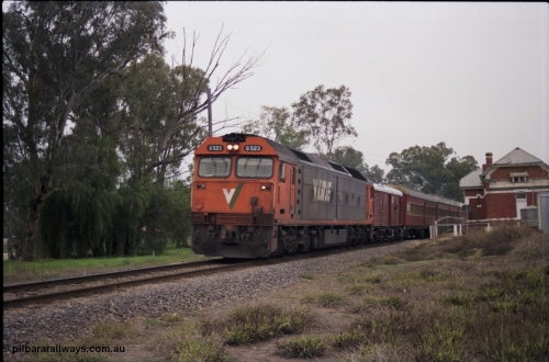 142-2-11
Barnawartha, standard gauge V/Line G class G 523 Clyde Engineering EMD model JT26C-2SS serial 86-1236 leads a down special 'Phantom of the Opera' passenger train past the rear of the broad gauge station building.
Keywords: G-class;G522;Clyde-Engineering-Rosewater-SA;EMD;JT26C-2SS;86-1235;