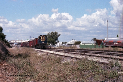 143-25
Wahgunyah, broad gauge VR liveried Y class Y 133 Clyde Engineering EMD model G6B serial 65-399 leads the arriving 'Stringybark Express' mixed special into the yard past the V/Line VOFX type bogie super phosphate waggons and sheds on the right, Uncle Tobys in the background.
Keywords: Y-class;Y133;Clyde-Engineering-Granville-NSW;EMD;G6B;65-399;