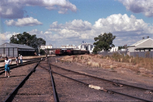 143-34
Wahgunyah, trailing shot of the up 'Stringybark Express' mixed special departing, the shed on the left is Inter City Mills Aust a former name for what became Uncle Tobys, that factory is in the background, the reason for the line remaining open.
