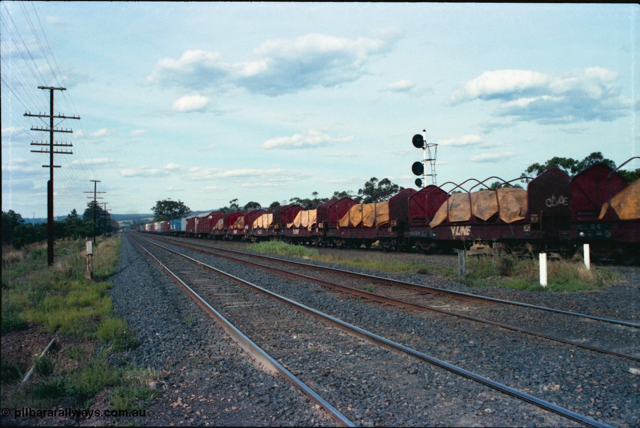145-22
Wallan Loop, trailing view of down standard gauge goods, showing standard gauge V/Line VCSX type bogie coil steel waggons in consist, broad gauge lines on the left, taken from Boundary Rd crossing.
Keywords: VCSX-type;