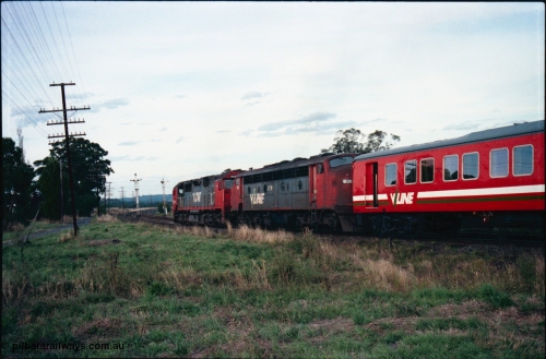 145-30
Wallan, down broad gauge Seymour pass hauled by V/Line N class N 455 'City of Swan Hill' Clyde Engineering EMD model JT22HC-2 serial 85-1223 and veteran B class B 76 Clyde Engineering EMD model ML2 serial ML2-17 with a H set, trailing view, shows discs removed off signal post 15 due to new crossover located near Boundary Rd.
Keywords: B-class;B76;Clyde-Engineering-Granville-NSW;EMD;ML2;ML2-17;bulldog;