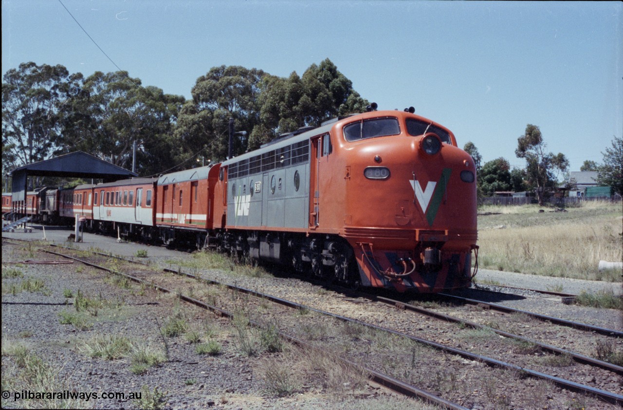 146-05
Seymour loco depot, broad gauge V/Line B class B 80 Clyde Engineering EMD model ML2 serial ML2-21 with the stabled 'scratch set' passenger consist.
Keywords: B-class;B80;Clyde-Engineering-Granville-NSW;EMD;ML2;ML2-21;bulldog;