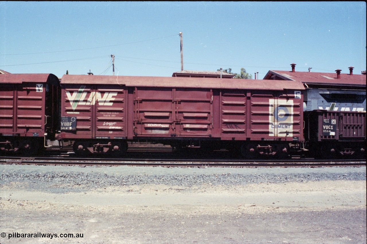 146-09
Seymour, rationalised broad gauge yard, V/Line VBBF type bogie louvre van VBBF 141 stencilled for Blue Circle Cement, 'Palletised Cement Traffic Only'. Started out built new June 1962 at Newport Workshops as BLF type BLF 141, December 1979 coded VBBY, then 1988 to VBBF.
Keywords: VBBF-type;VBBF141;BLF-type;