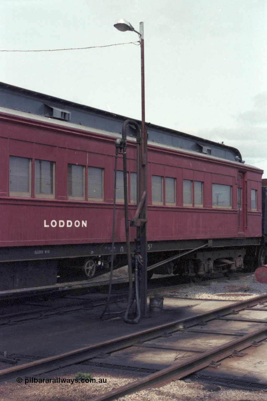 147-33
Seymour loco depot, stabled train, No.10 Sleeper 'LODDON' at the fuel point, originally built in 1907 and called 'MELBOURNE', renamed in 1910, removed from Joint Stock in 1969 and named No. 10, then around 1984 renamed 'LODDON' in 'Train of Knowledge' service.
Keywords: E-class;Loddon;Victorian-Railways-Newport-WS;Joint-Stock;Melbourne-Sleeper;