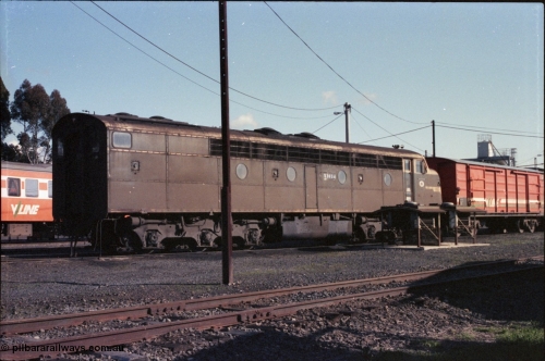 147-06
Seymour loco depot turntable roads, Victorian Railways liveried S class S 303 'C J Latrobe' Clyde Engineering EMD model A7 serial 57-167 and V/Line D type bogie louvre van D 310, a couple of dynamic brake grid assemblies are next to S 303.
Keywords: S-class;S303;Clyde-Engineering-Granville-NSW;EMD;A7;57-167;bulldog;