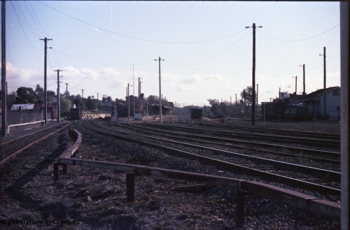 147-14
Seymour, yard overview looking south from B signal box at the heavily rationalised yard, the standard gauge track is nearest the camera with the loco road off No.2 Rd running behind the camera.
