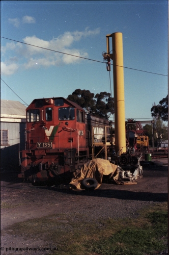 147-19
Seymour loco depot V/Line Y class Y 135 Clyde Engineering EMD model G6B serial 65-401 sits over the inspection pit.
Keywords: Y-class;Y135;Clyde-Engineering-Granville-NSW;EMD;G6B;65-401;
