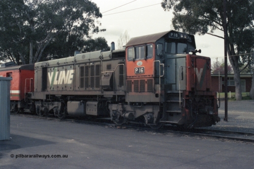 147-31
Seymour loco depot, broad gauge V/Line P class P 16 Clyde Engineering EMD model G18HBR serial 84-1210 rebuilt from T 332 Clyde Engineering EMD model G8B serial 56-99, seen here with a stabled H set FSH 22.
Keywords: P-class;P16;Clyde-Engineering-Somerton-Victoria;EMD;G18HBR;84-1210;rebuild;