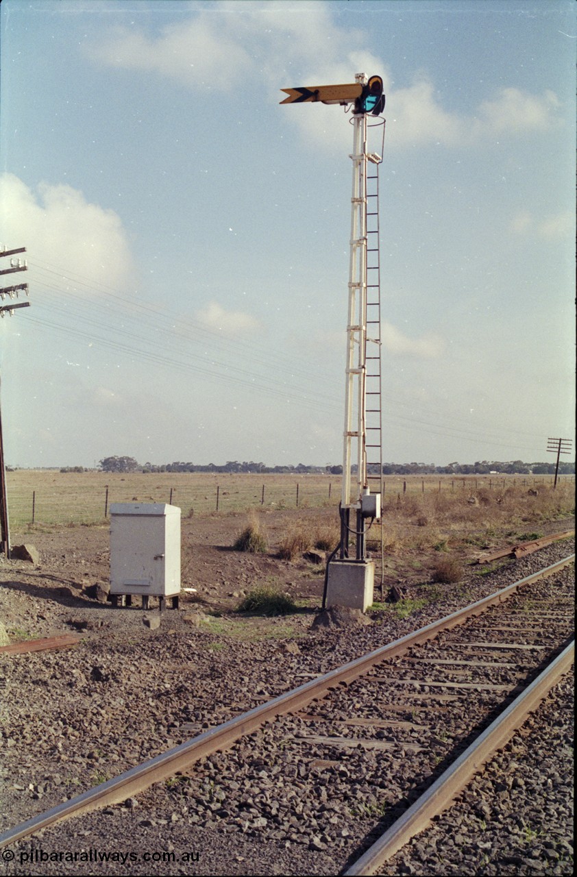151-04
Gheringhap signal post one, down distant with motorised operator visible.
