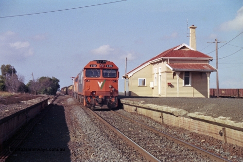 151-13
Gheringhap, broad gauge V/Line Adelaide bound goods train 9169 holds No.1 Road with G class G 531 Clyde Engineering EMD model JT26C-2SS serial 88-1261 leading C classes C 510 Clyde Engineering EMD model GT26C serial 76-833 and C 509 serial 76-832, point rodding and signal wires can been seen in this shot taken from the former No.2 road pit, gypsum waggons in the background.
Keywords: G-class;G531;Clyde-Engineering-Somerton-Victoria;EMD;JT26C-2SS;88-1261;
