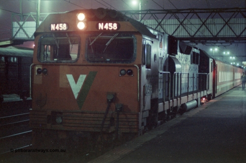 151-19
Traralgon station platform, V/Line broad gauge N class N 458 'City of Maryborough' Clyde Engineering EMD model JT22HC-2 serial 85-1226 and N set await departure with 8406 up passenger train.
Keywords: N-class;N458;Clyde-Engineering-Somerton-Victoria;EMD;JT22HC-2;85-1226;