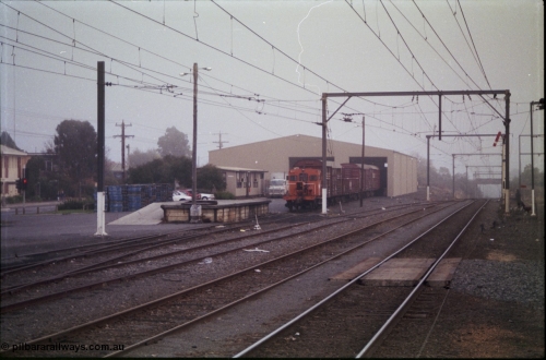 152-05
Morwell yard view looking towards Melbourne, signal post seven pulled off for up passenger train, V/Line rail tractor RT class RT 51 at the Freightgate goods shed with various louvre van, loading platform. RT 51 was converted in 1959 from the underframe of I type I 7257 built in September 1904, in 1935 recoded IA.
